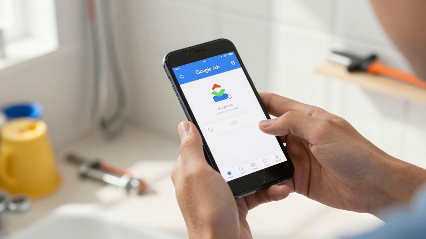 Plumber using Google Ads on a smartphone for leads.
