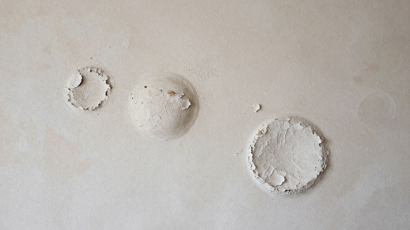Close-up of plaster wall with peeling, bubbling paint.