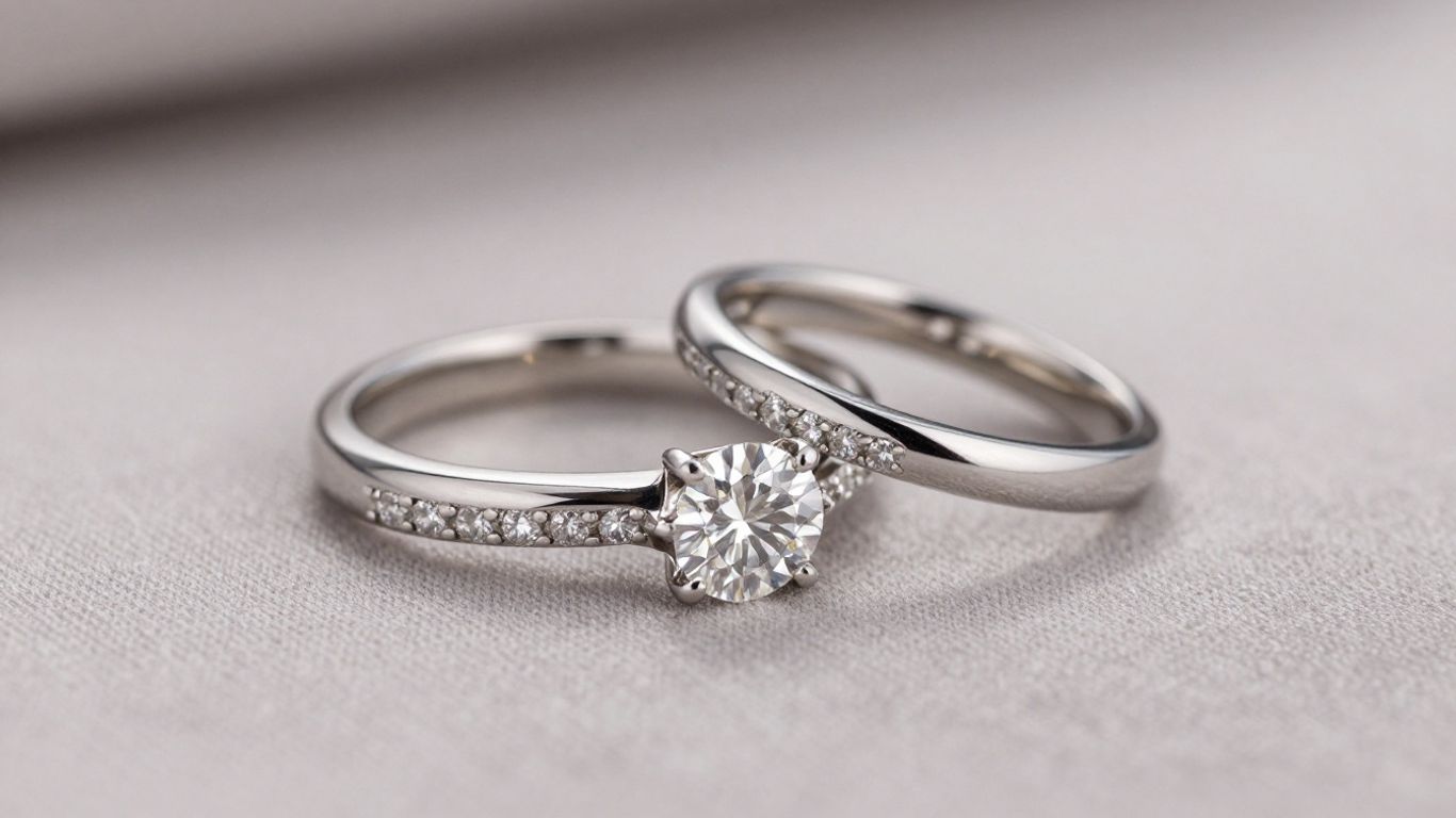 Elegant bridal rings with diamonds on soft fabric.