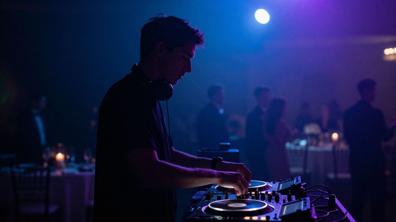 DJ performing at a wedding reception with colorful lights.