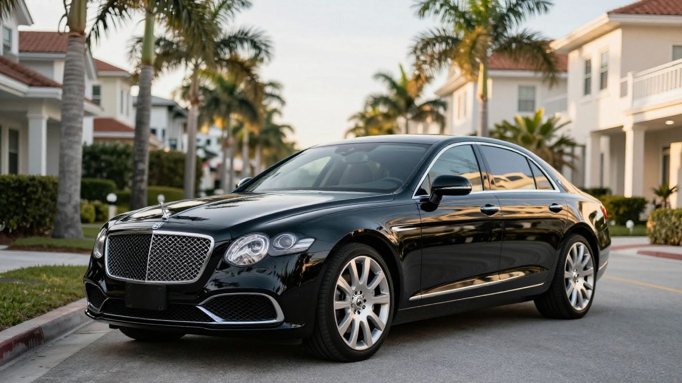 A refined black car parked near a coastal resort