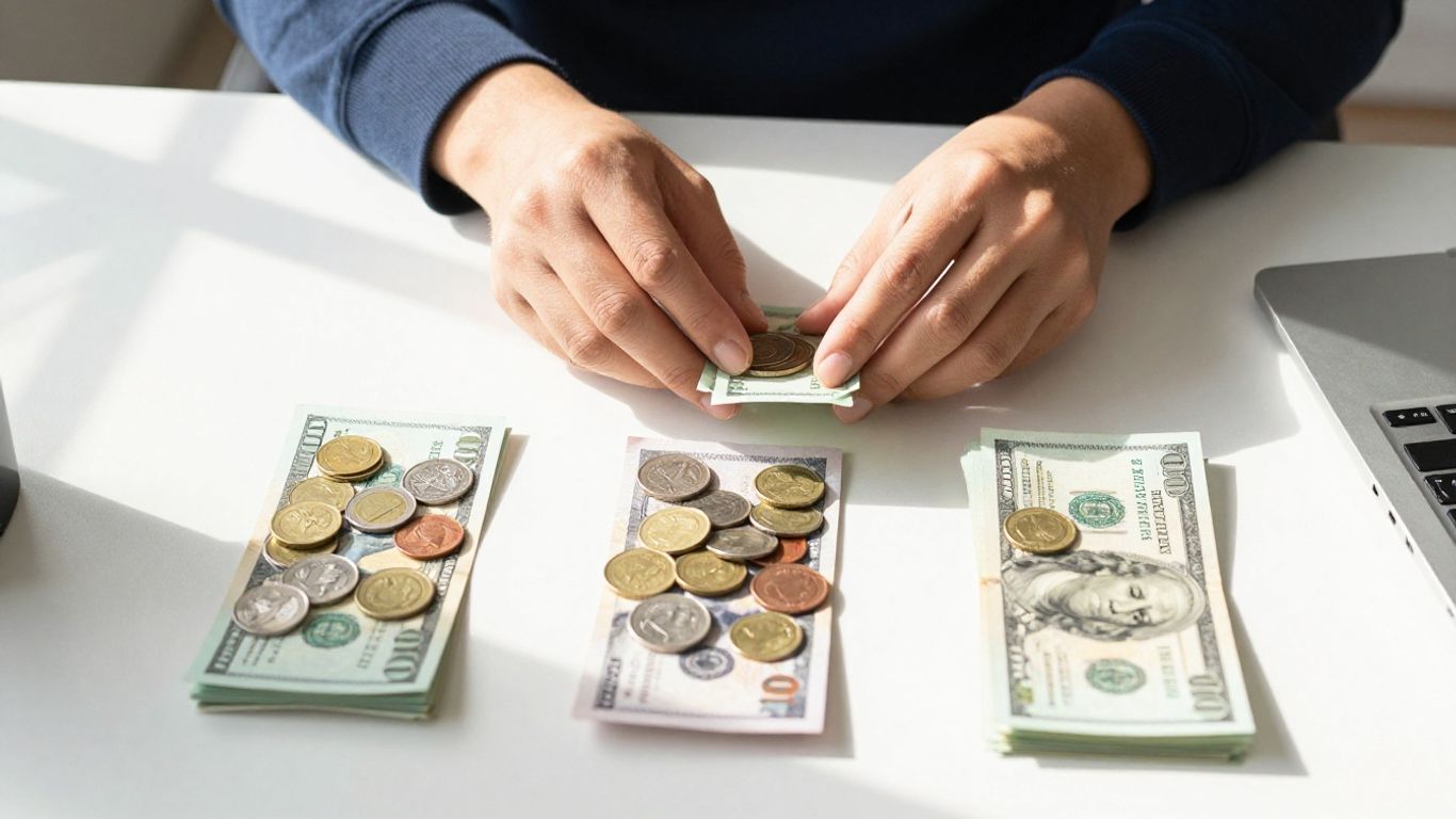 Persona organizando dinero en tres montones.