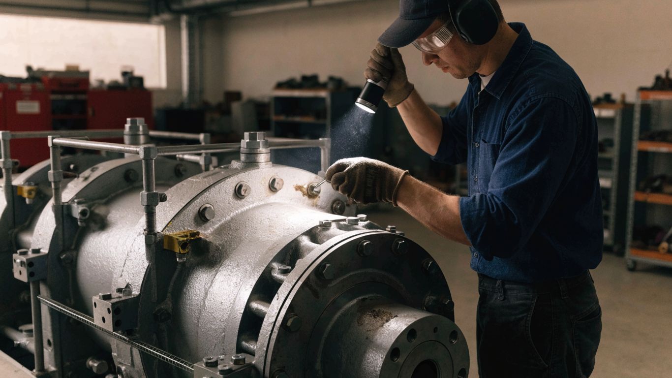 Technician inspecting a stopped gearbox