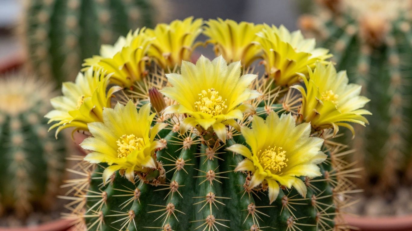 Cactus Parodia Leninghausii con flores amarillas brillantes.