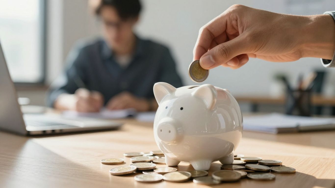 Mano colocando moneda en alcancía, concepto de finanzas.