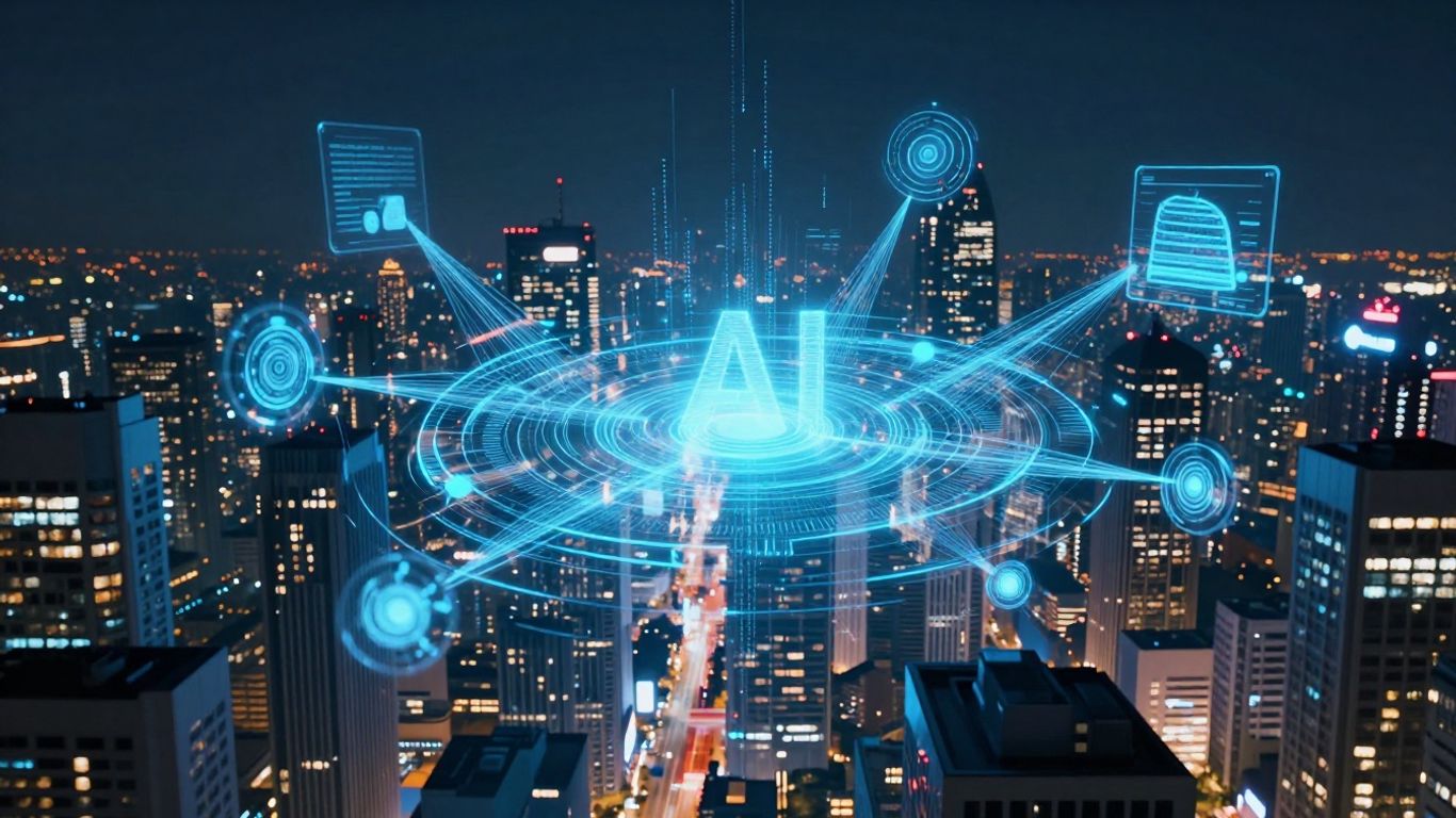 Futuristic city with AI interface at night