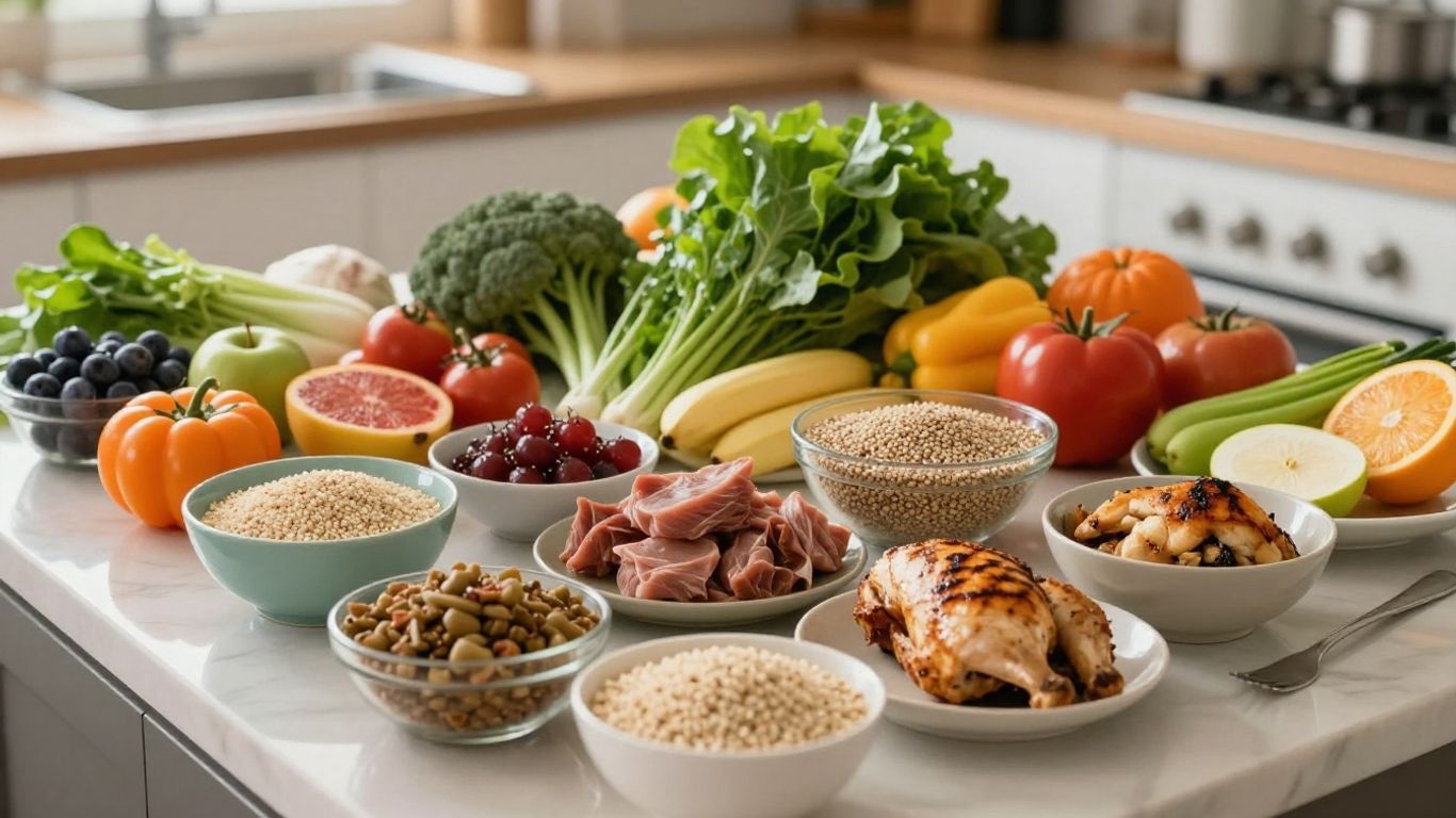 Kitchen counter with fresh fruits, vegetables, protein, and grains.