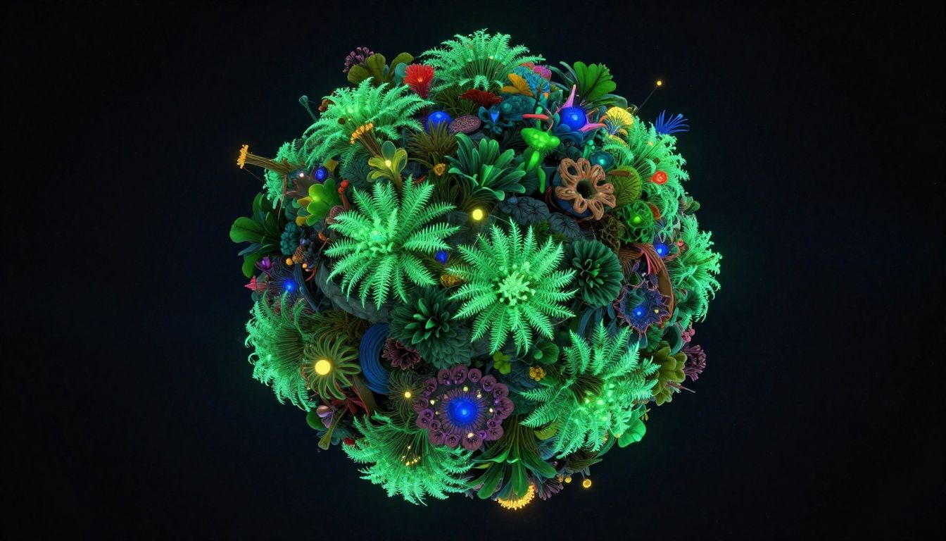 Nave espacial explorando um planeta alienígena colorido com vegetação bioluminescente
