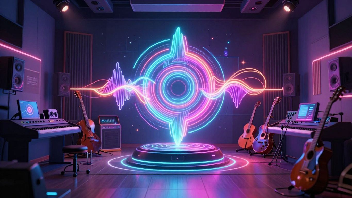 AI music creation platform with abstract sound waves.