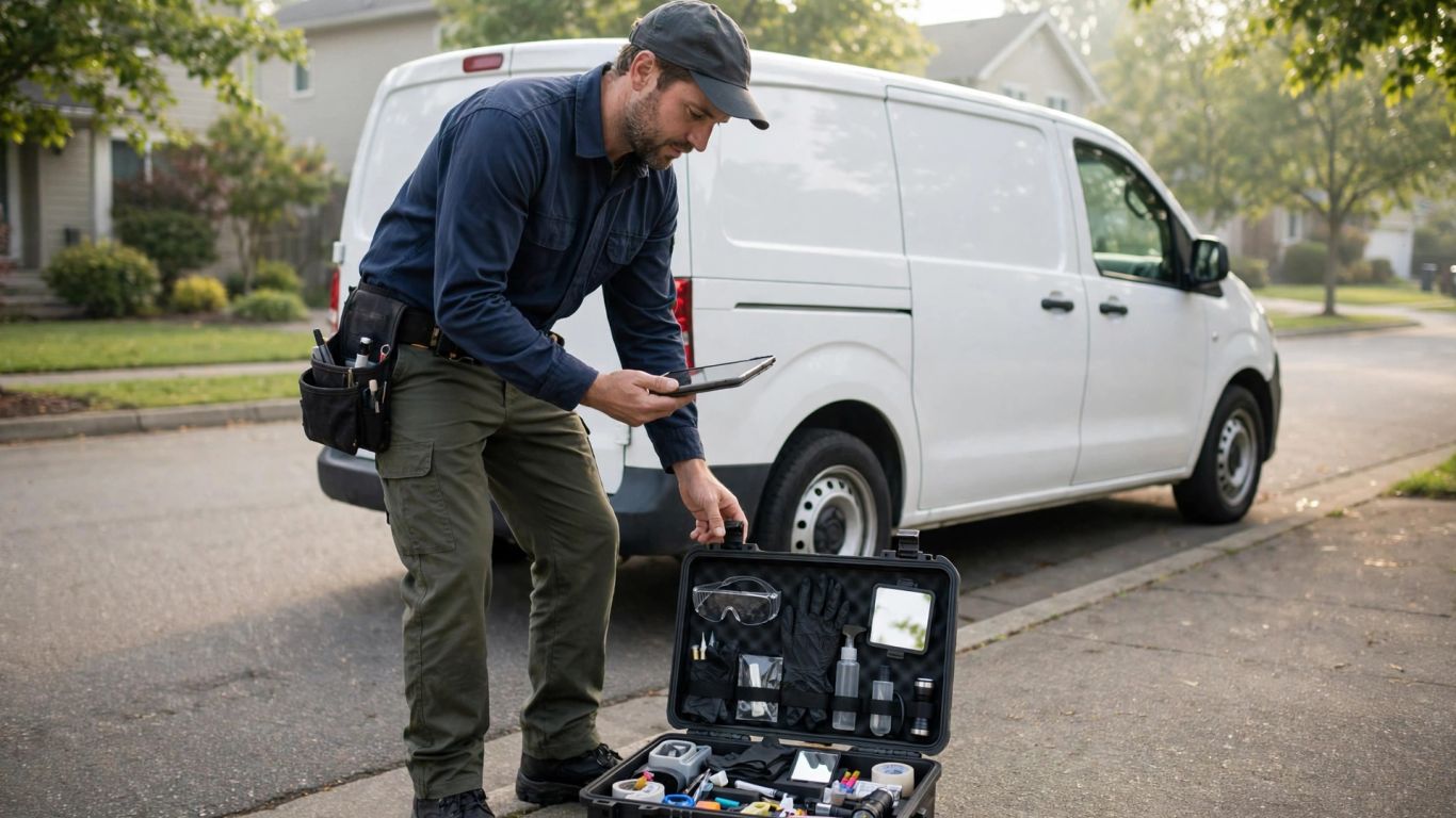 Pest technician preparing equipment beside a service van