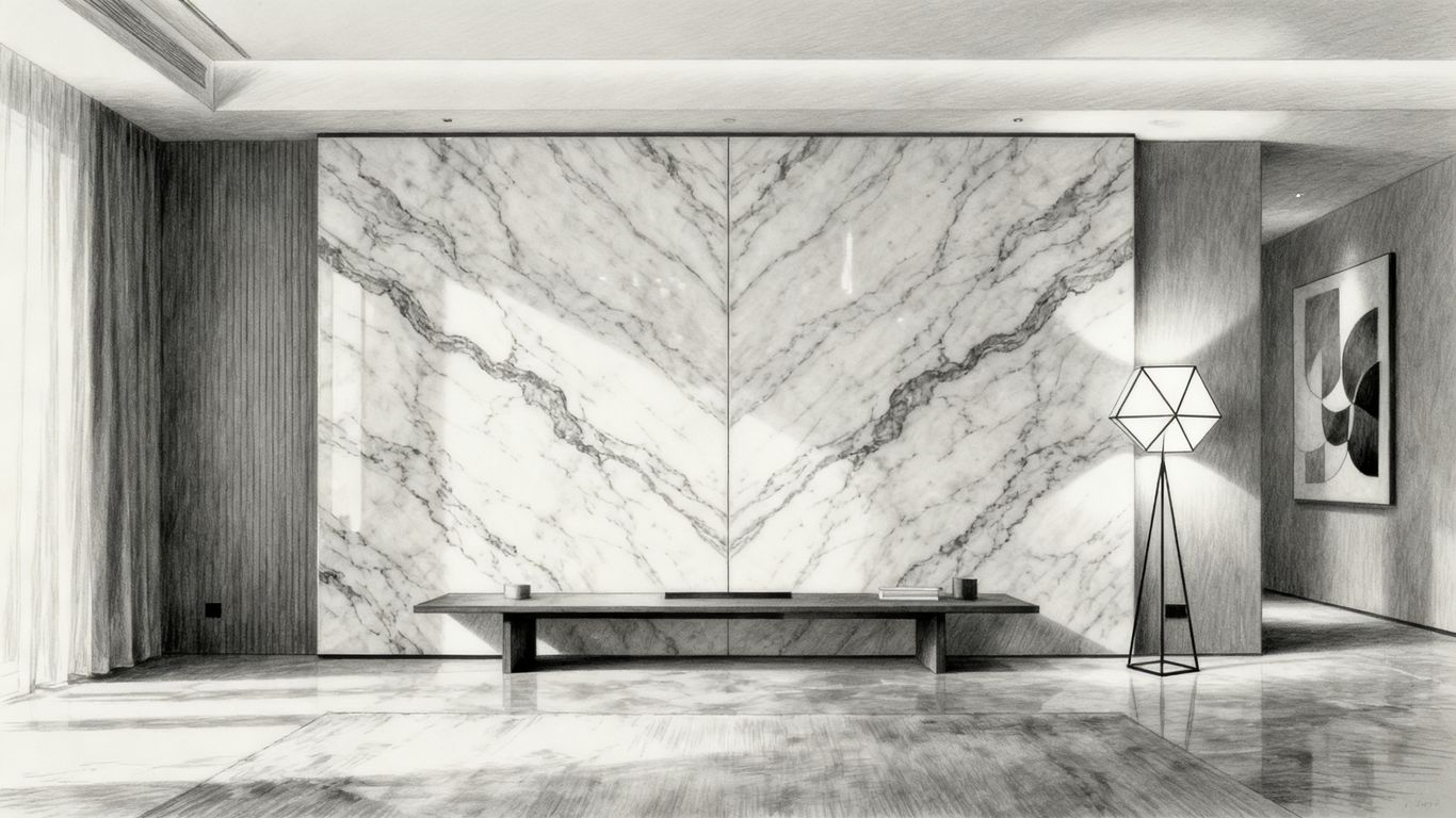 A living room featuring an ornate marble wall