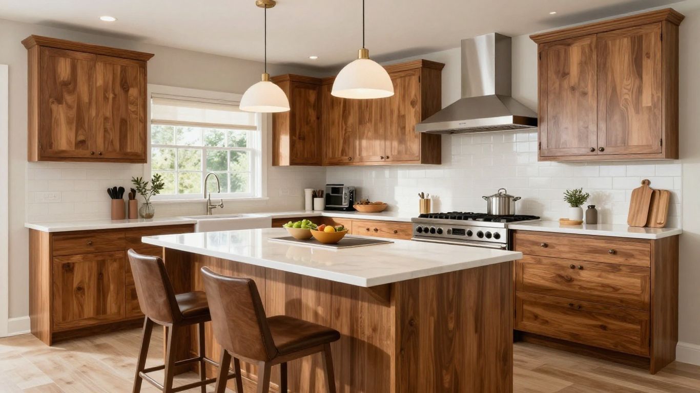 Modern kitchen remodel with island and new appliances.