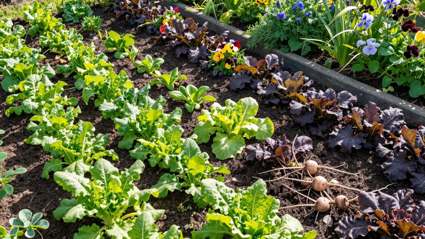 Diverse garden bed with vegetables and flowers.