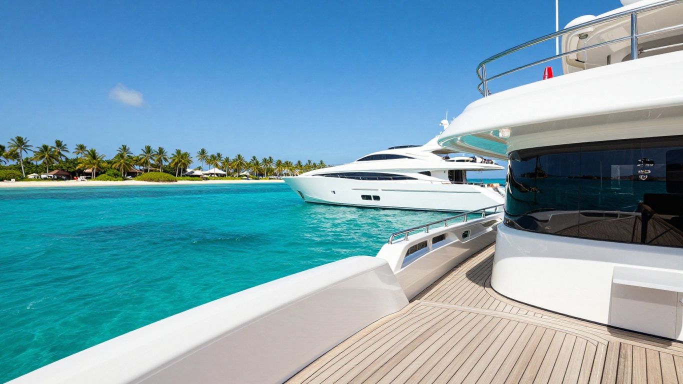 Luxury yacht sailing on a clear blue ocean.