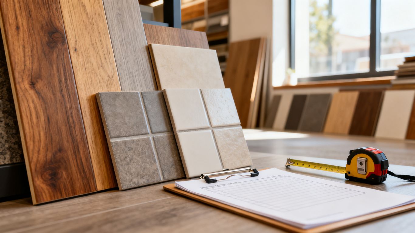 Flooring samples beside a contractor's estimate clipboard