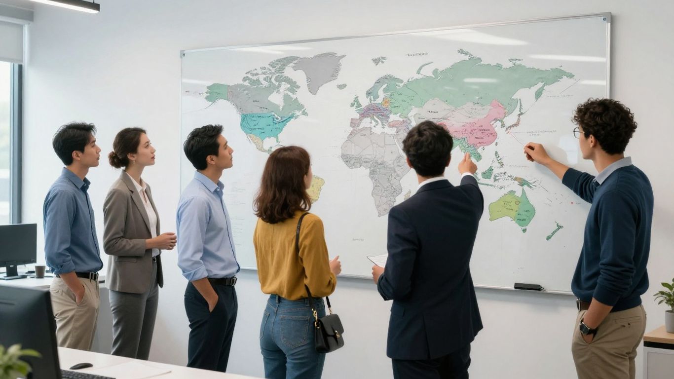 A diverse group analyzing shipping logistics on a map