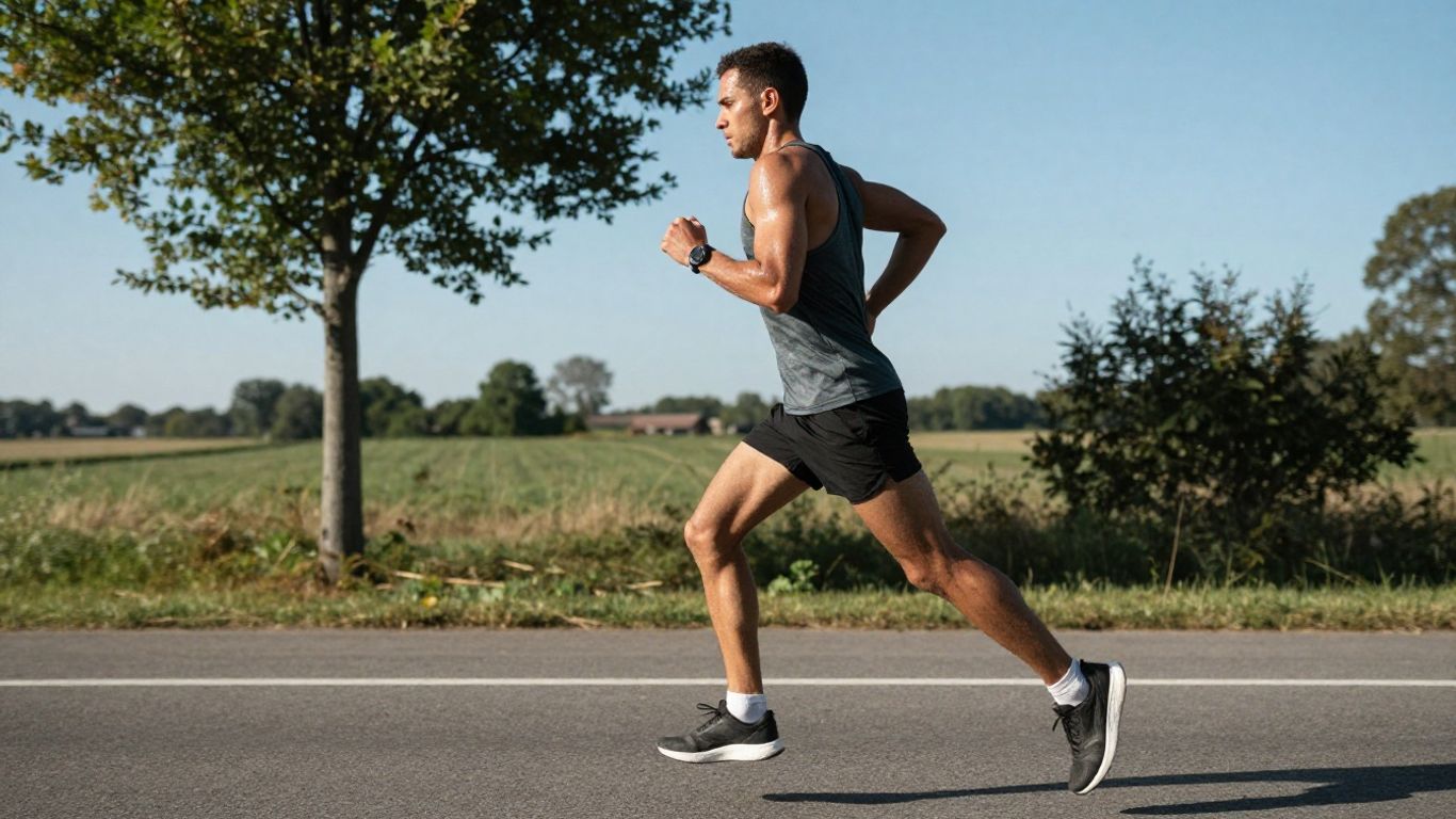 Runner training for a half marathon on a road.