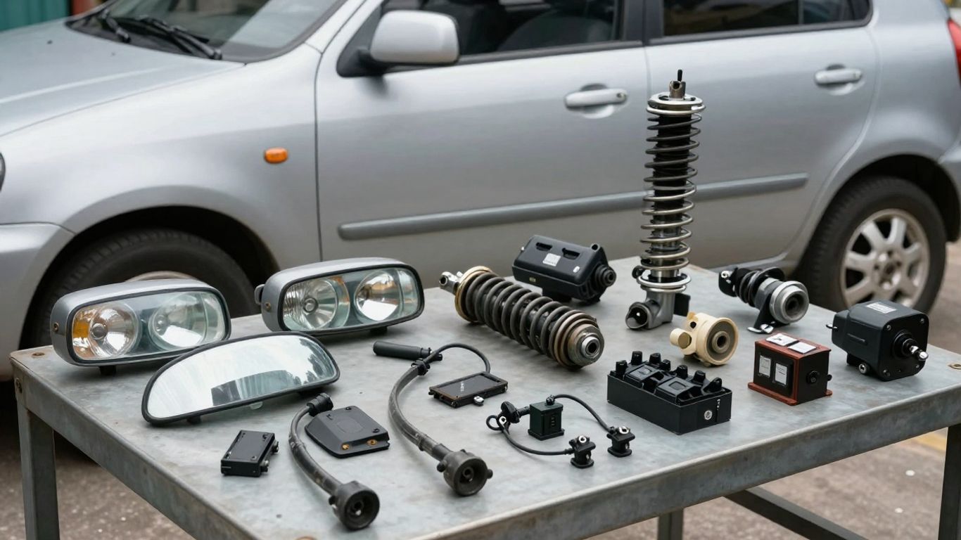 Suzuki Alto parts arranged beside compact car