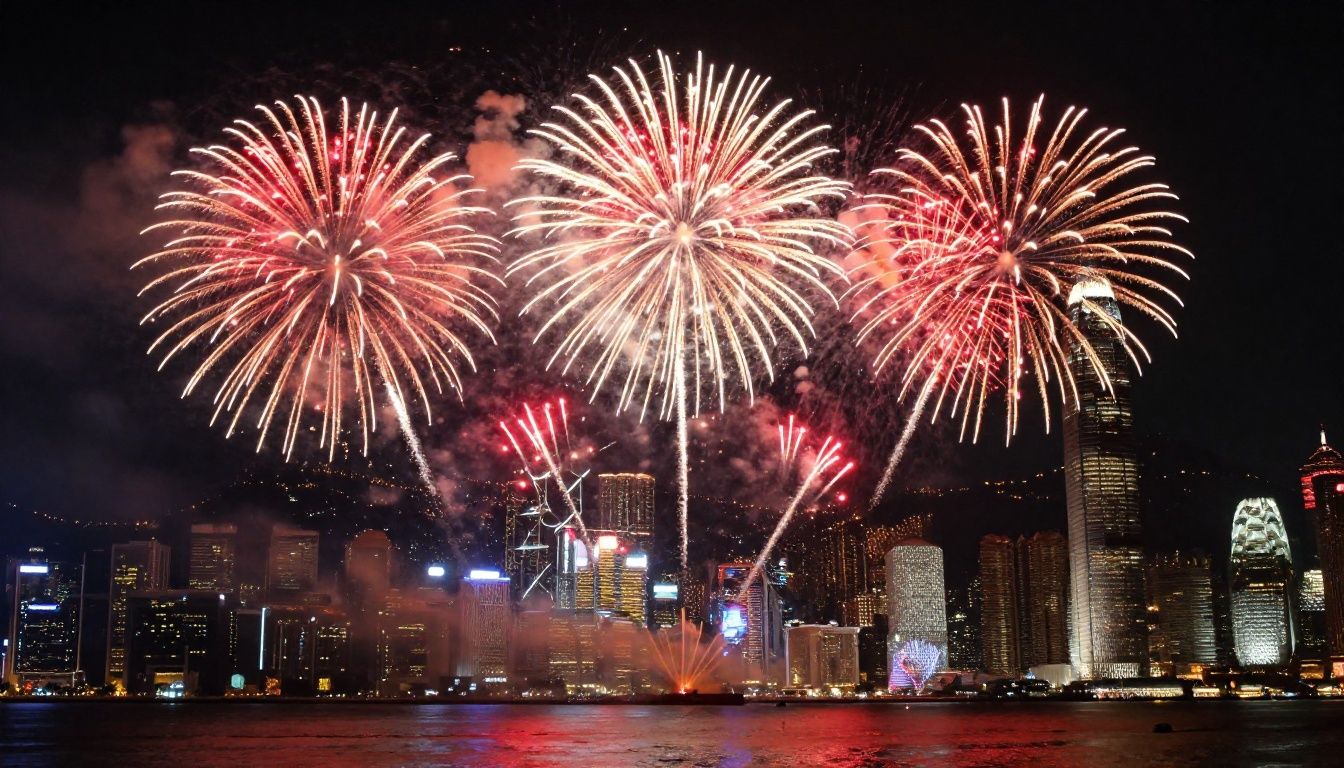 [Generated Photo For Illustration Purpose Only] Fireworks explode over a city skyline at night with a red reflection.