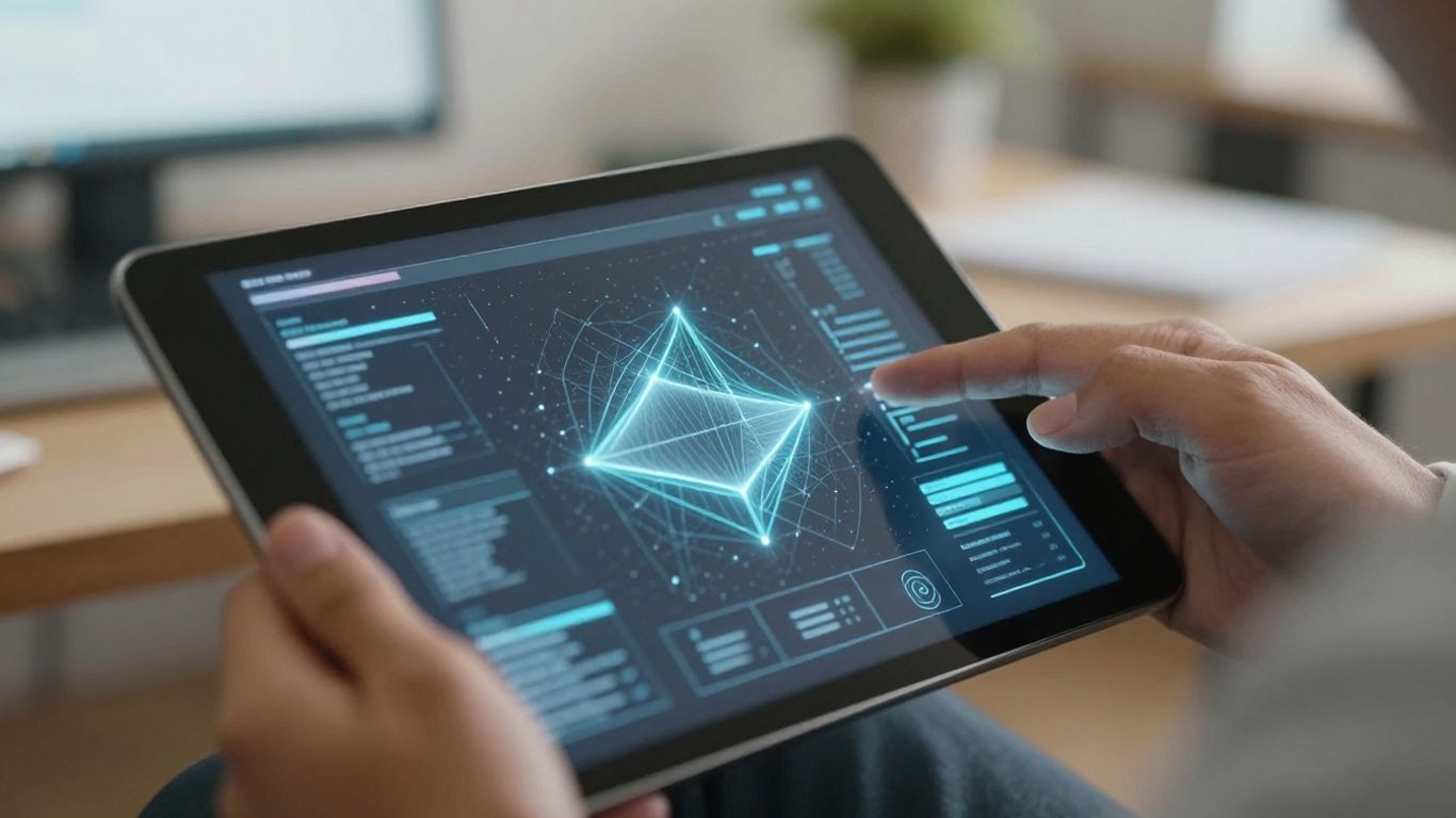 Hands holding tablet with digital interface