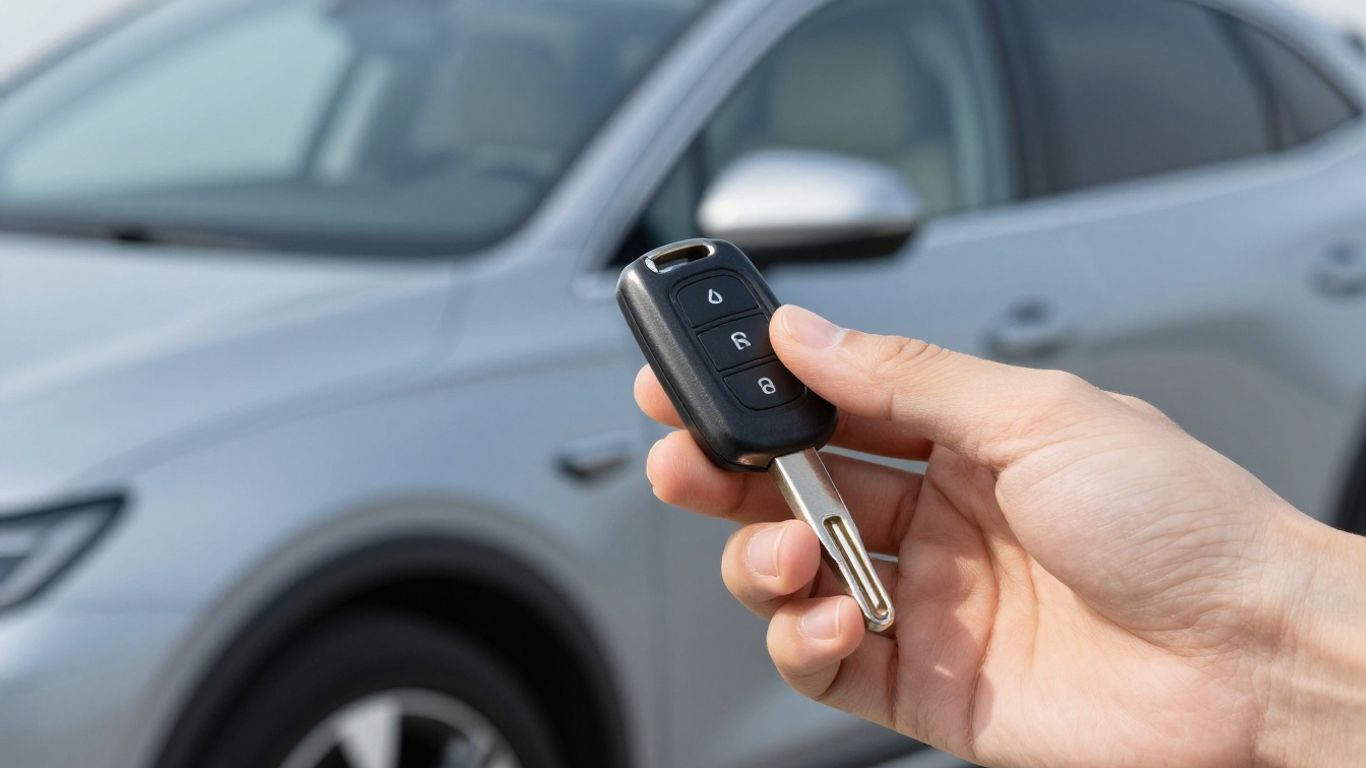 Hand hält Autoschlüssel vor modernem Auto