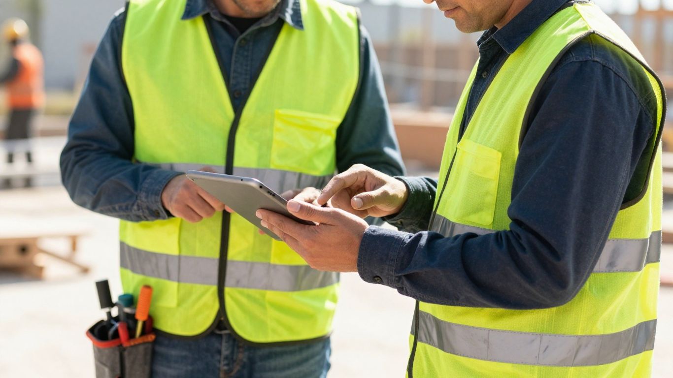 Workers using mobile field service technology