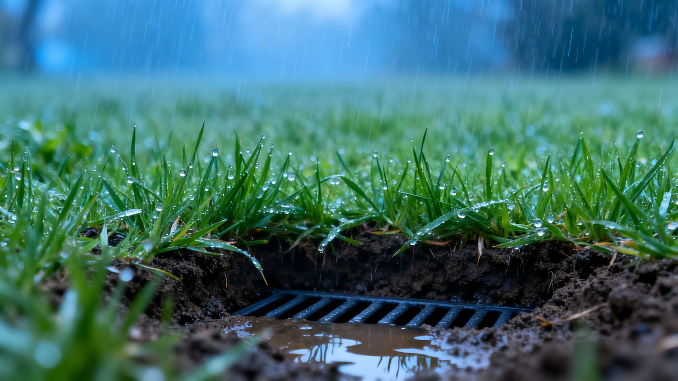 Spring rain falling on a green lawn and soil.