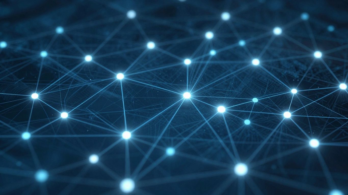 Digital network diagram with glowing nodes and pathways.