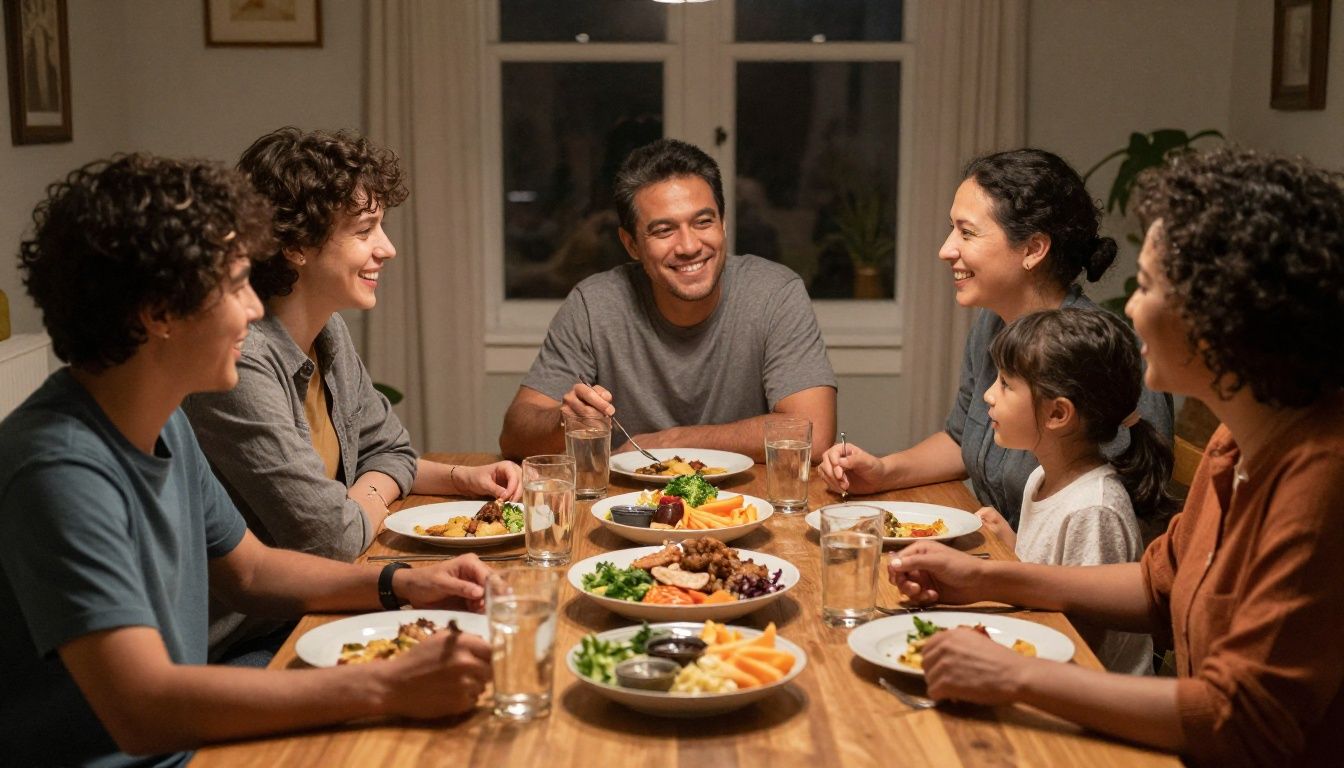 A diverse, multi-generational family is gathered around a dining table, sharing a meal in a warmly lit room. They are smiling and talking, conveying a sense of healthy, joyful connection and mutual respect.