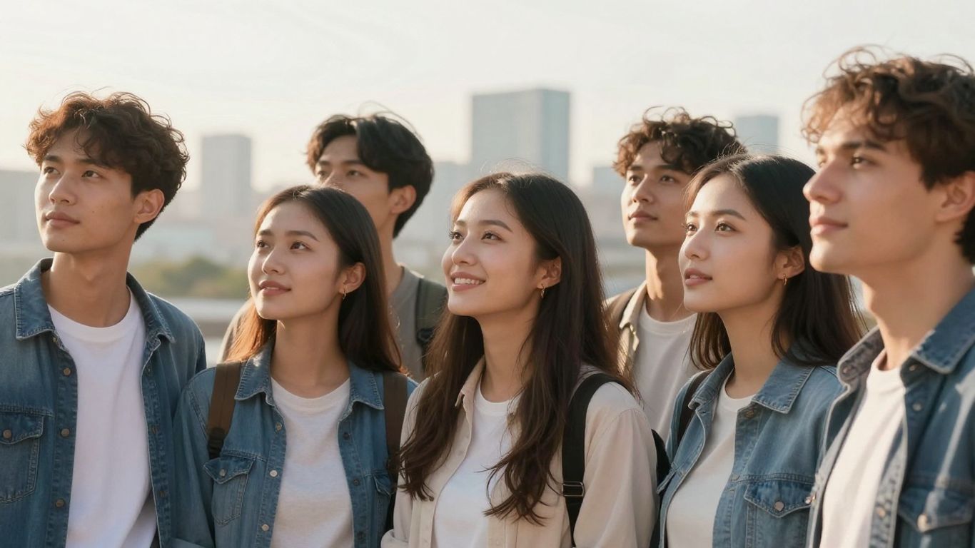 Diverse young adults looking towards a hopeful future.