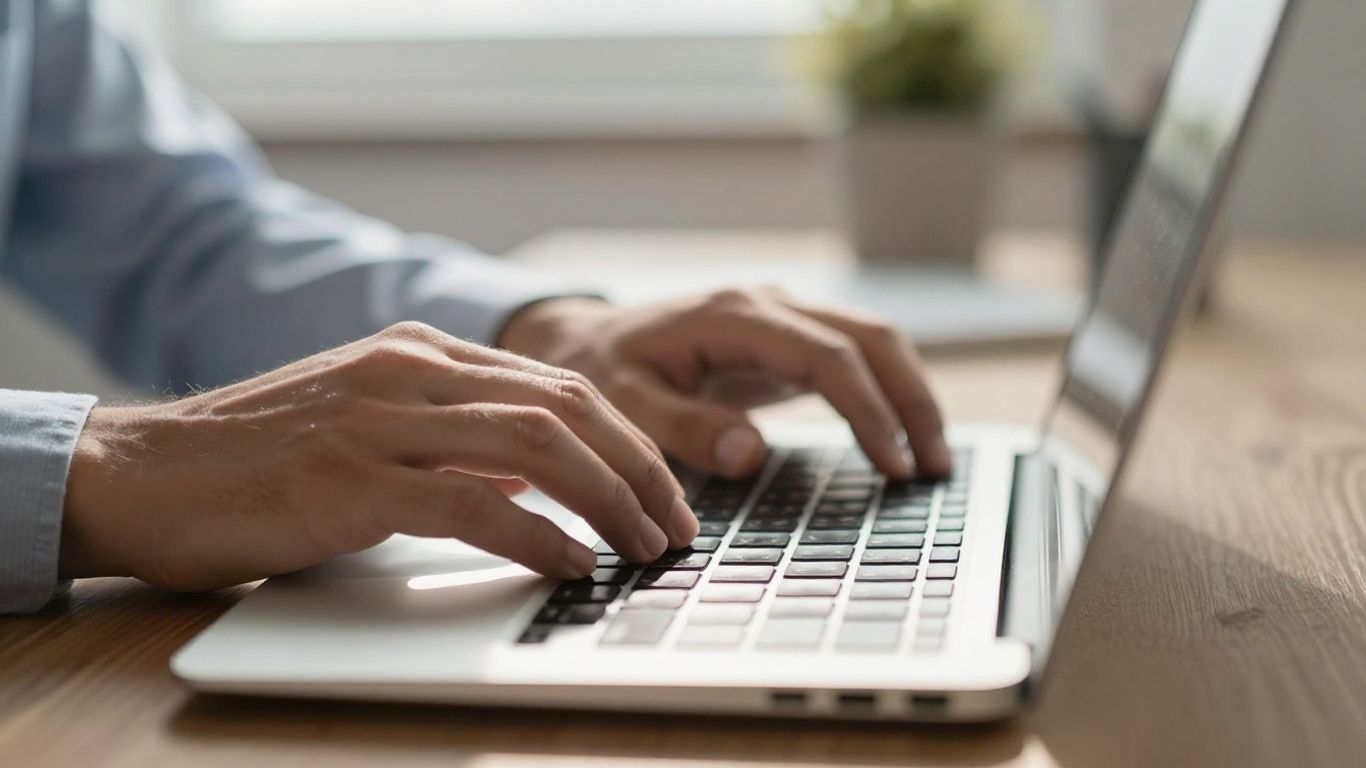Person typing on a laptop keyboard.