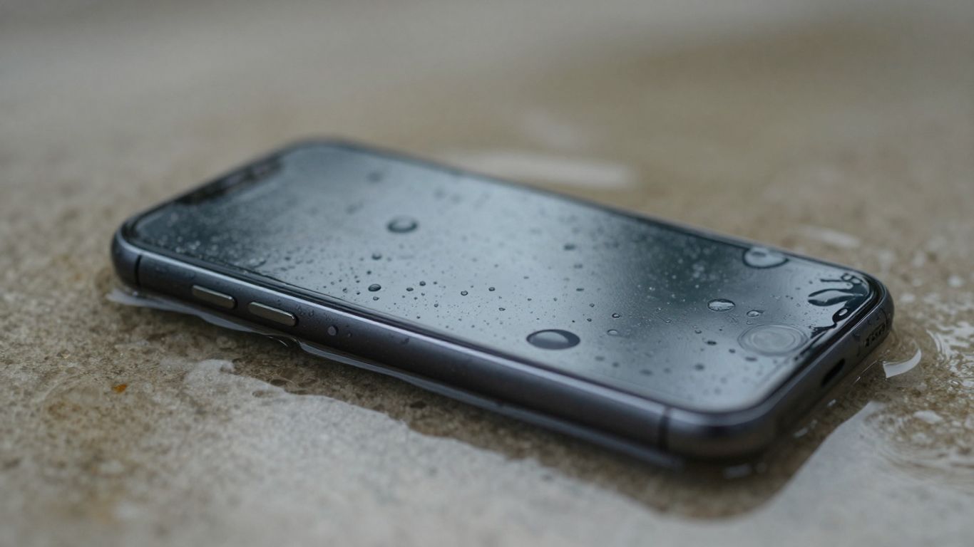 Wet smartphone screen with water droplets.
