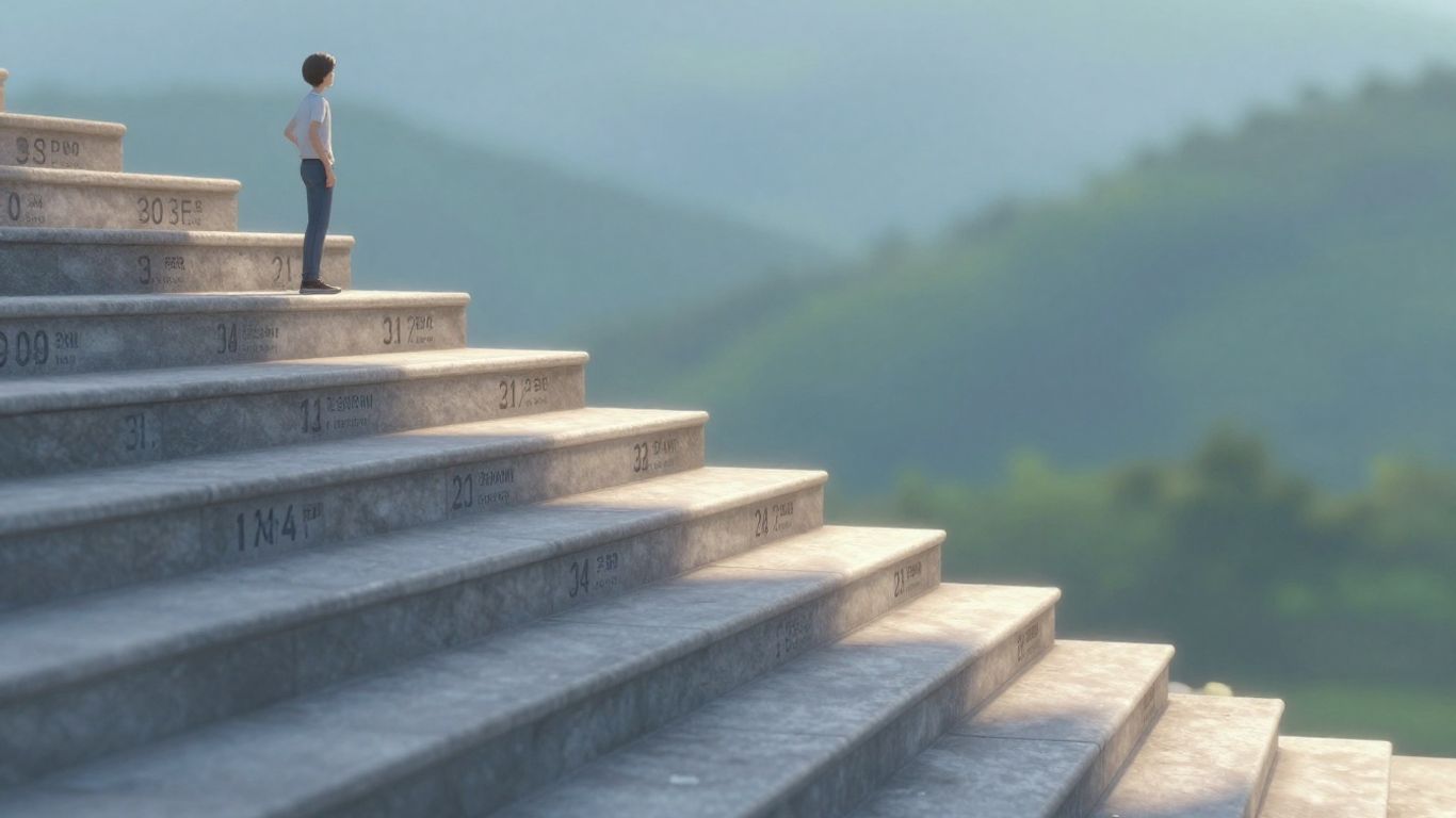 Person looking at ascending steps representing goals.