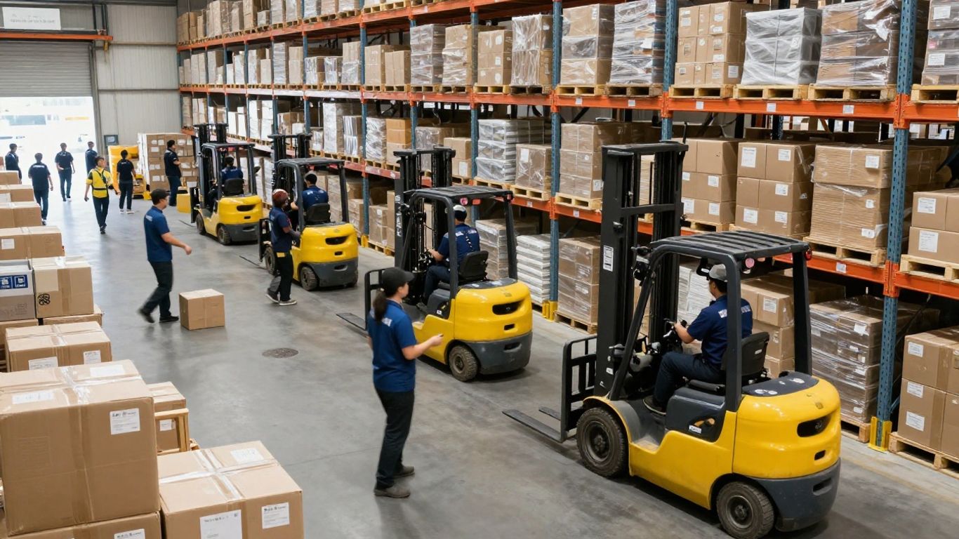 Distribution center operations with teams and logistics.