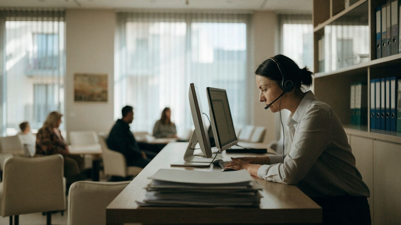 Medical receptionist reviewing a busy clinic call workflow