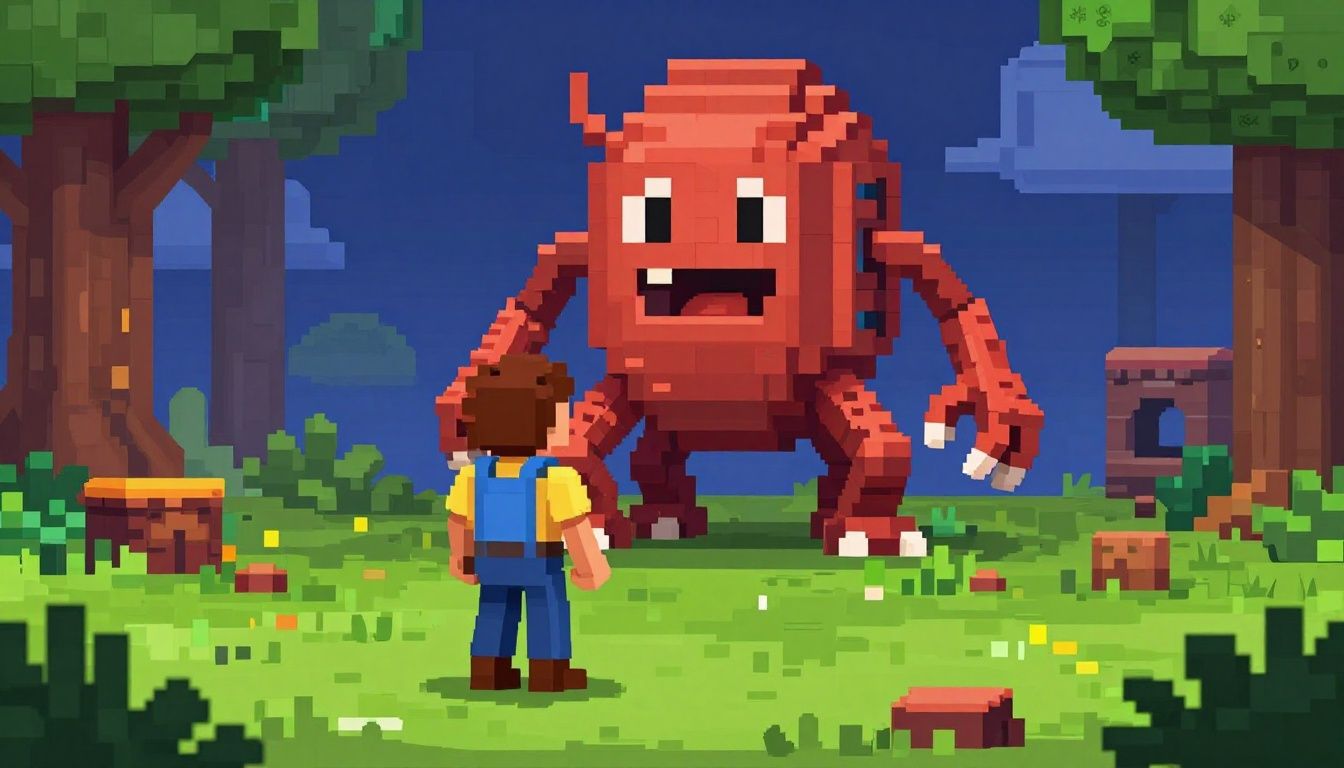 Um aventureiro pixelado enfrentando uma criatura gigantesca em um mundo subterrâneo vibrante e cheio de detalhes