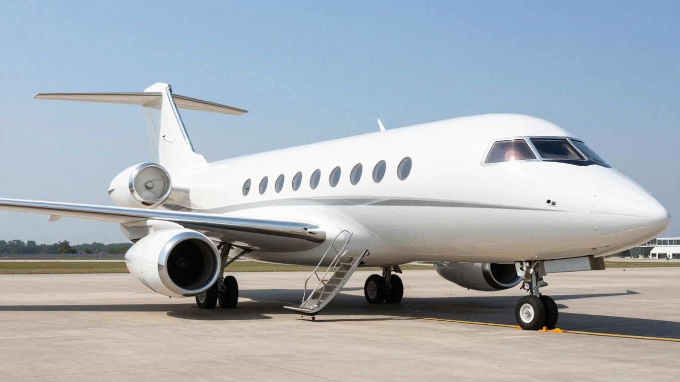 Luxury charter jet on tarmac, ready for boarding.
