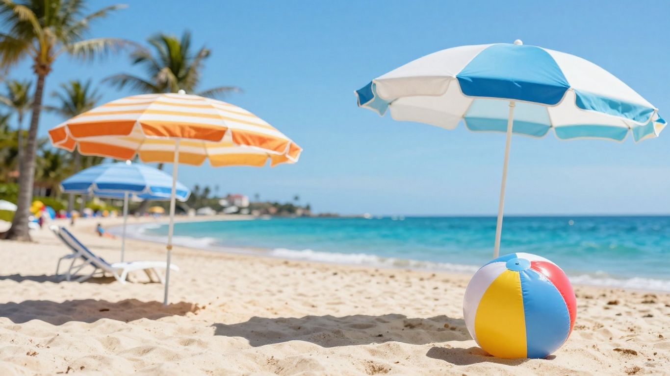 Sunny beach with umbrellas and palm trees.