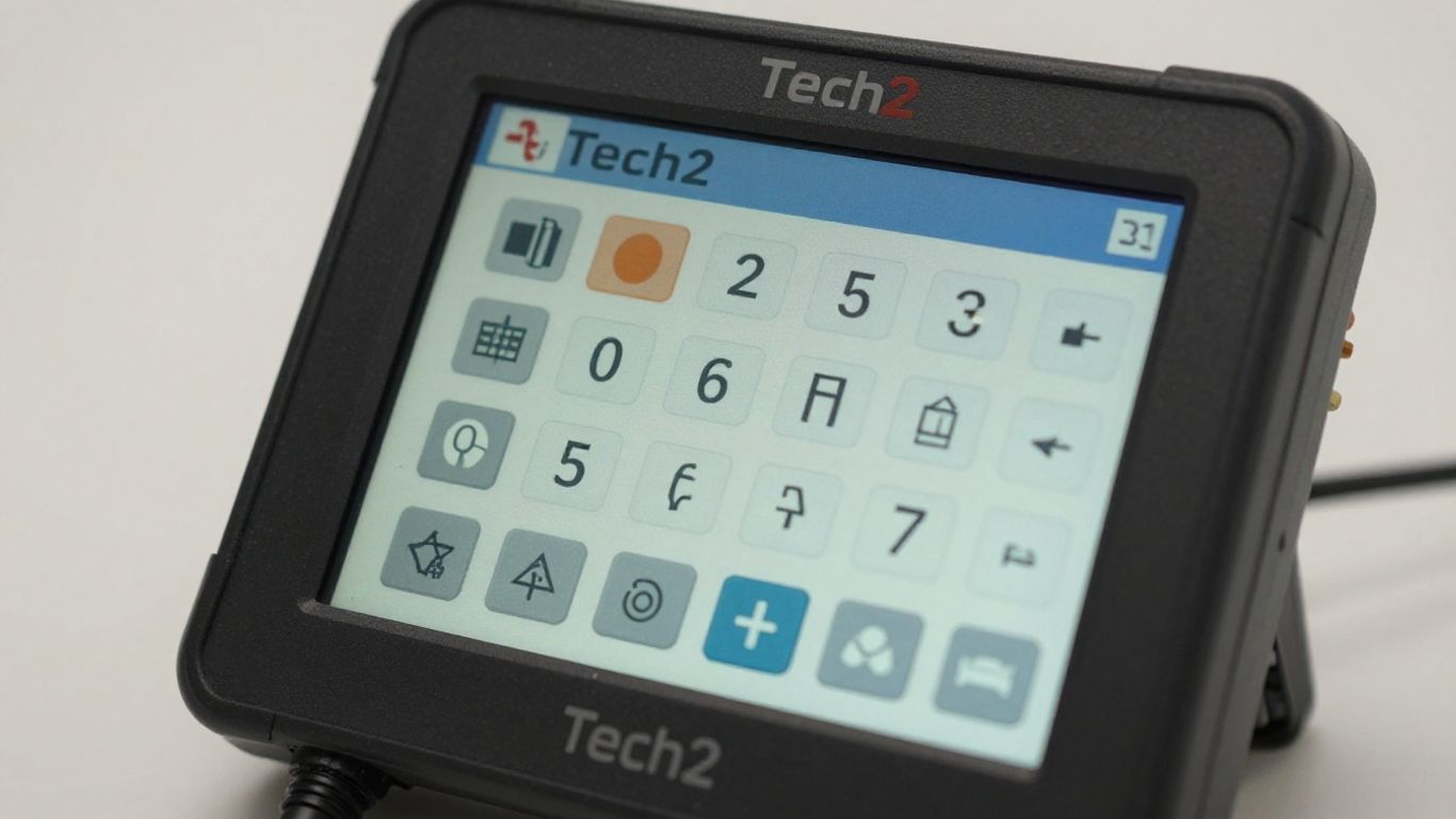 Tech2 scanner with diagnostic screen and buttons.