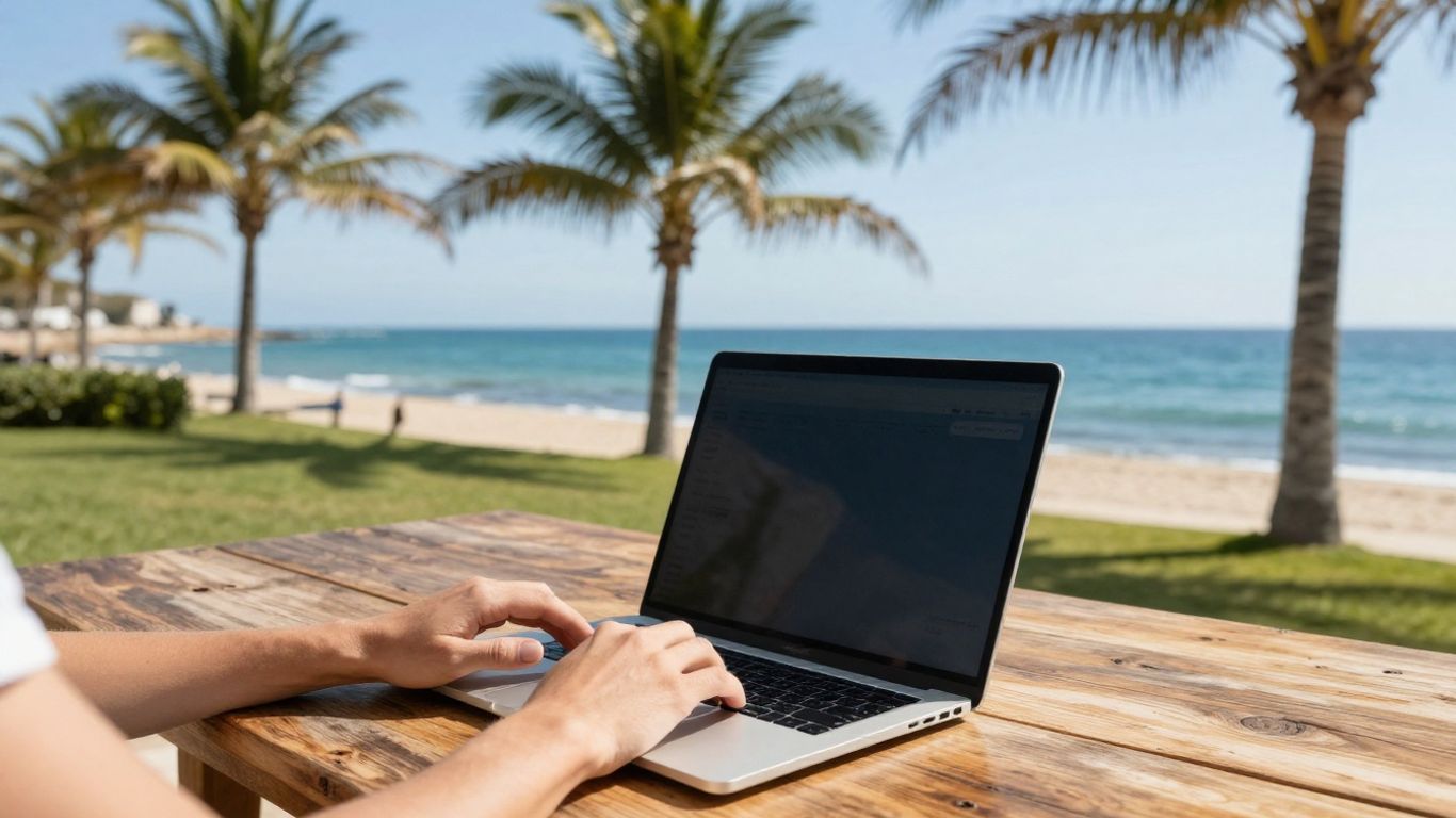Laptop on table overlooking Portuguese coast