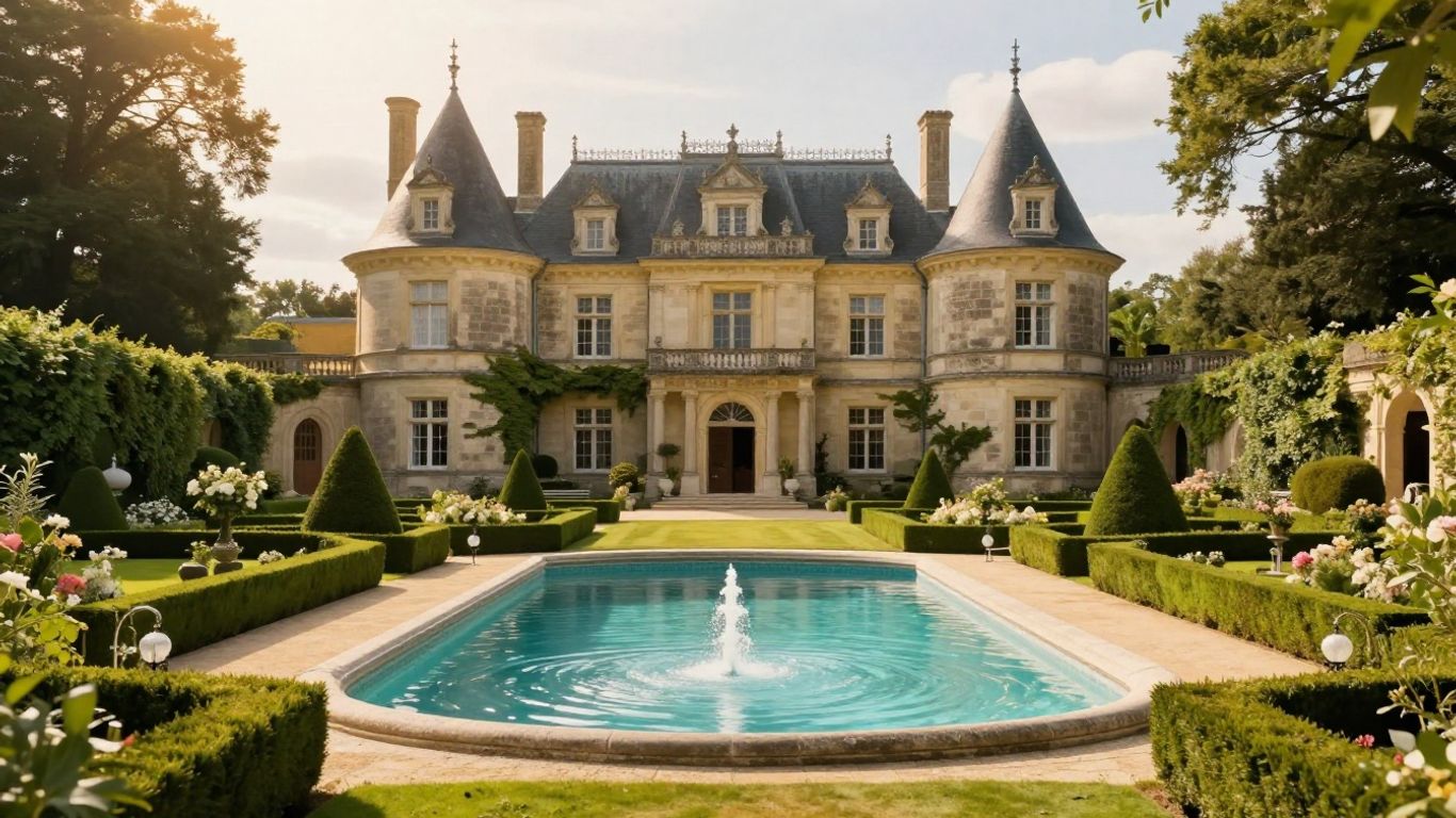 Elegant chateau wedding venue with gardens and pool.