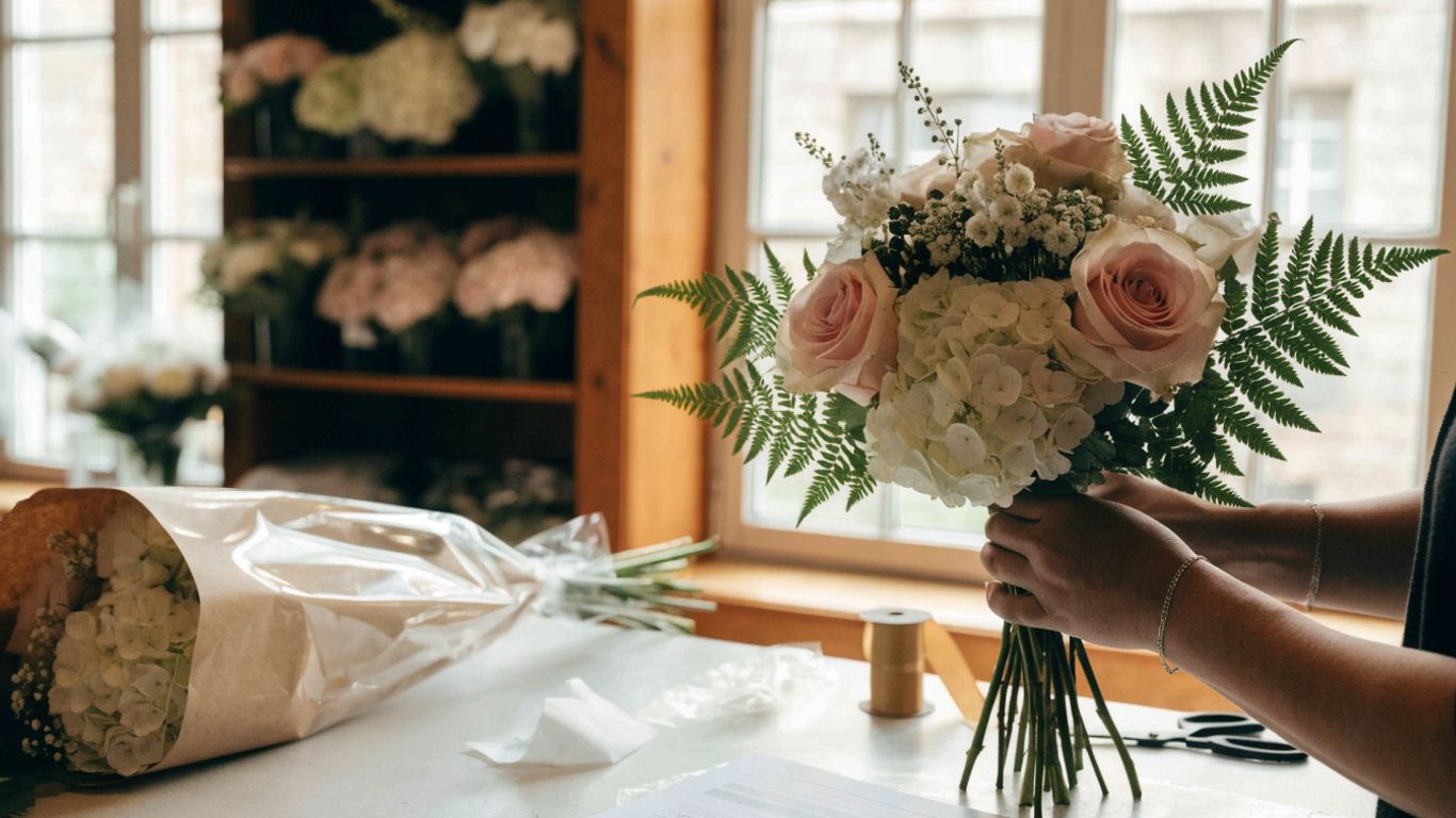 Florist arranging a fresh bouquet for pickup