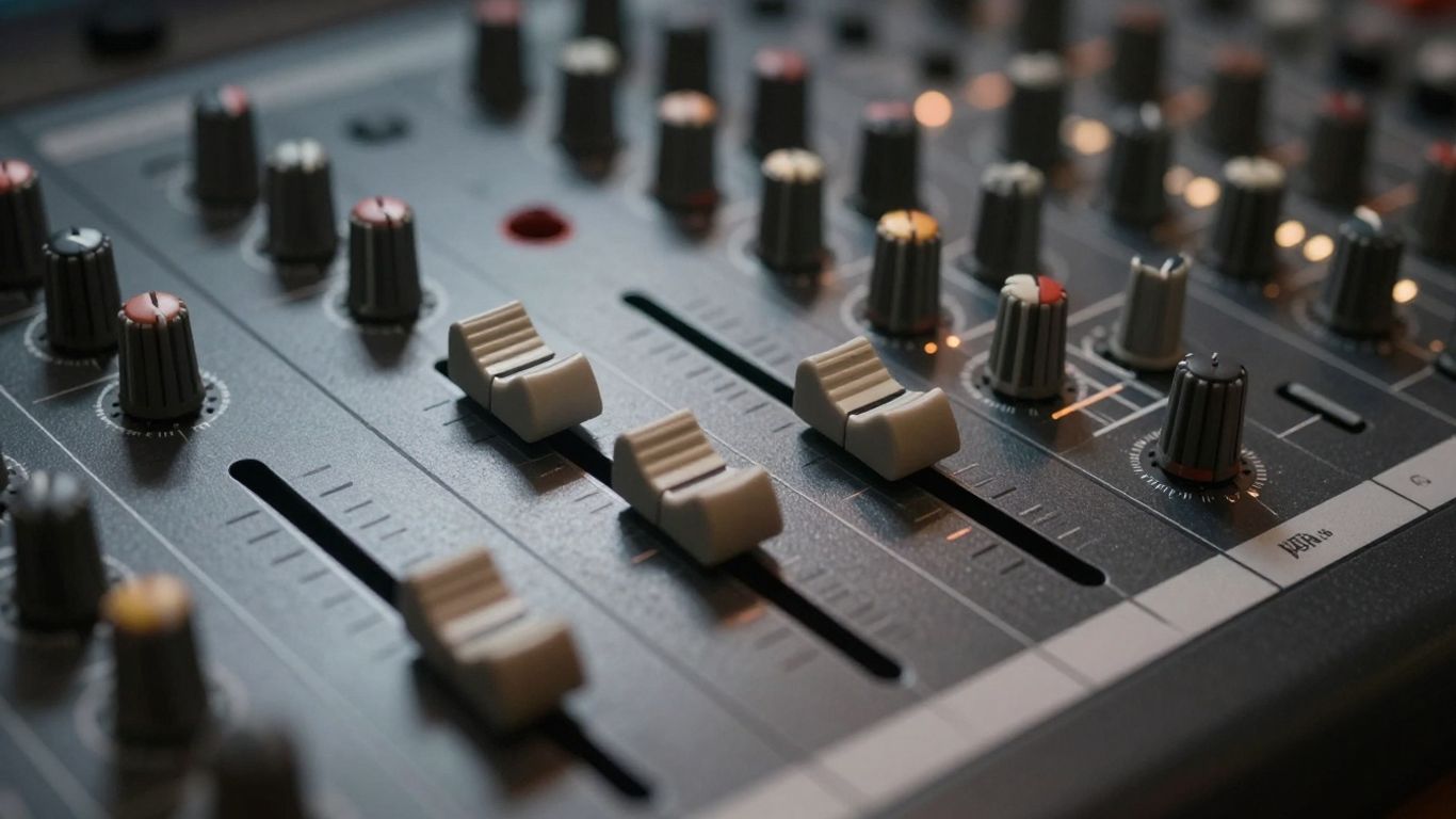 Mixing console with glowing audio signal lines.