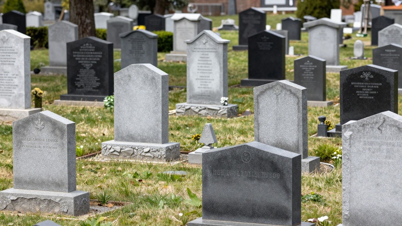 Various headstone designs and layouts in a cemetery.