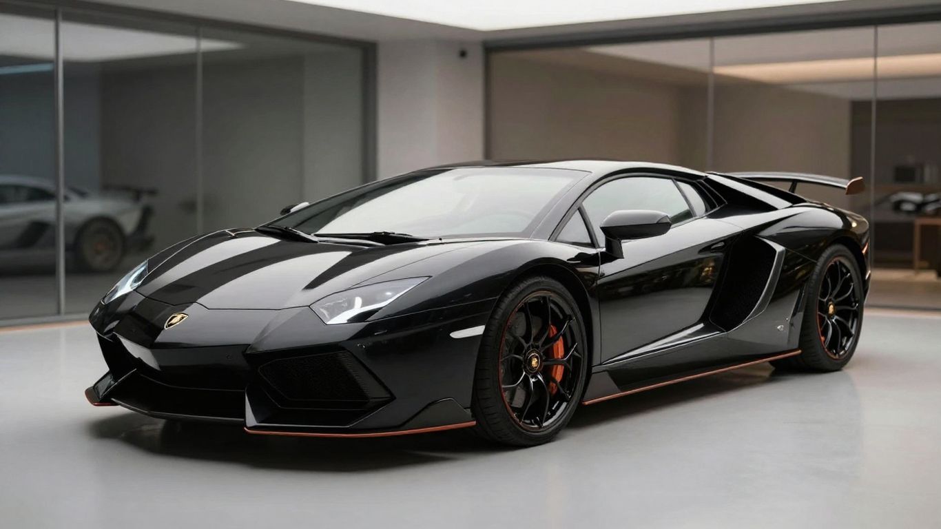 Black Lamborghini Aventador in a modern garage.