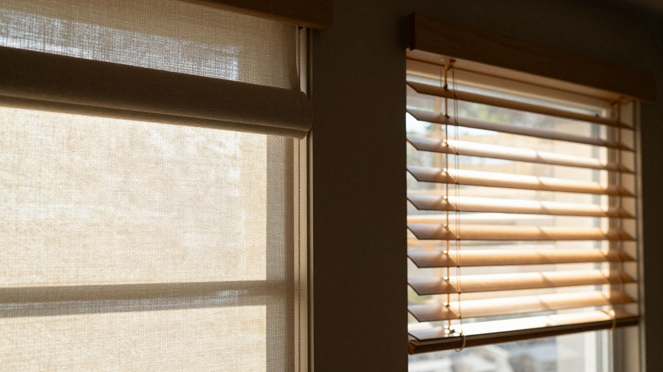 Close-up of blinds and shades with sunlight filtering through.