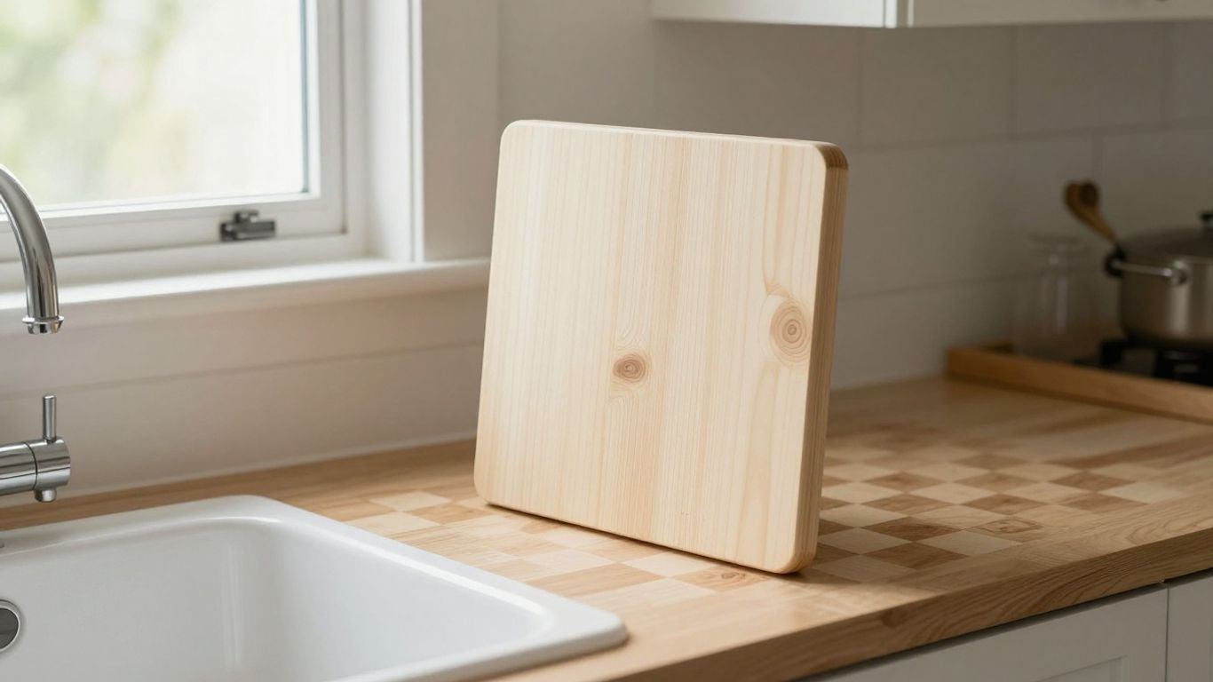 Maple cutting board drying upright near sink