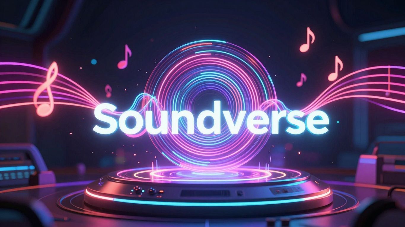 Soundverse AI song creator interface with neon sound waves.