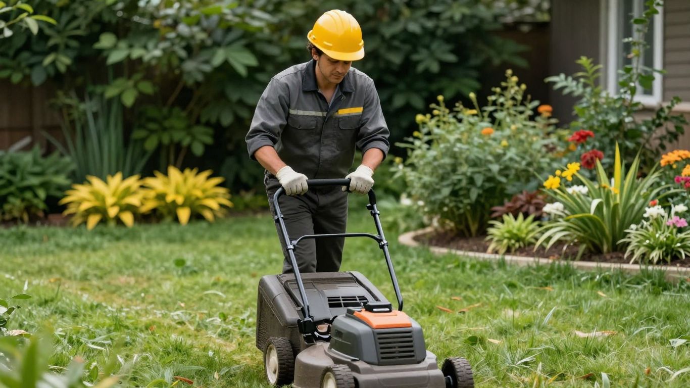 Landscaper in safety gear working outdoors.