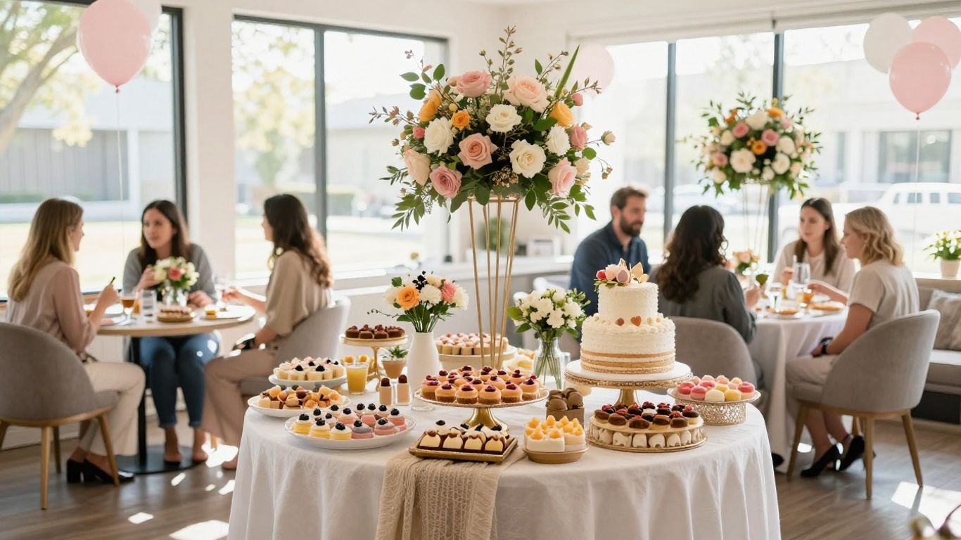 Elegant baby shower venue in Dallas with decorations and cake.